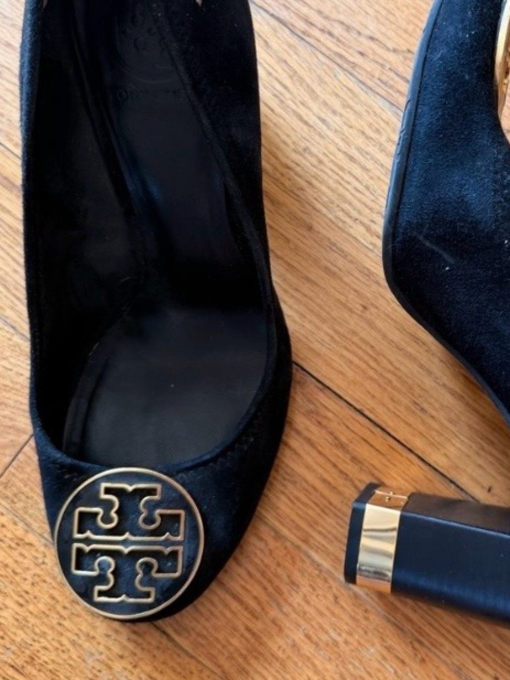 Tory Burch Black Suede Logo Block Heels